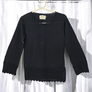 Vintage Sweater Bee Banff LTD Crochet Trim Knit Top Pullover Woman Small‎ Black